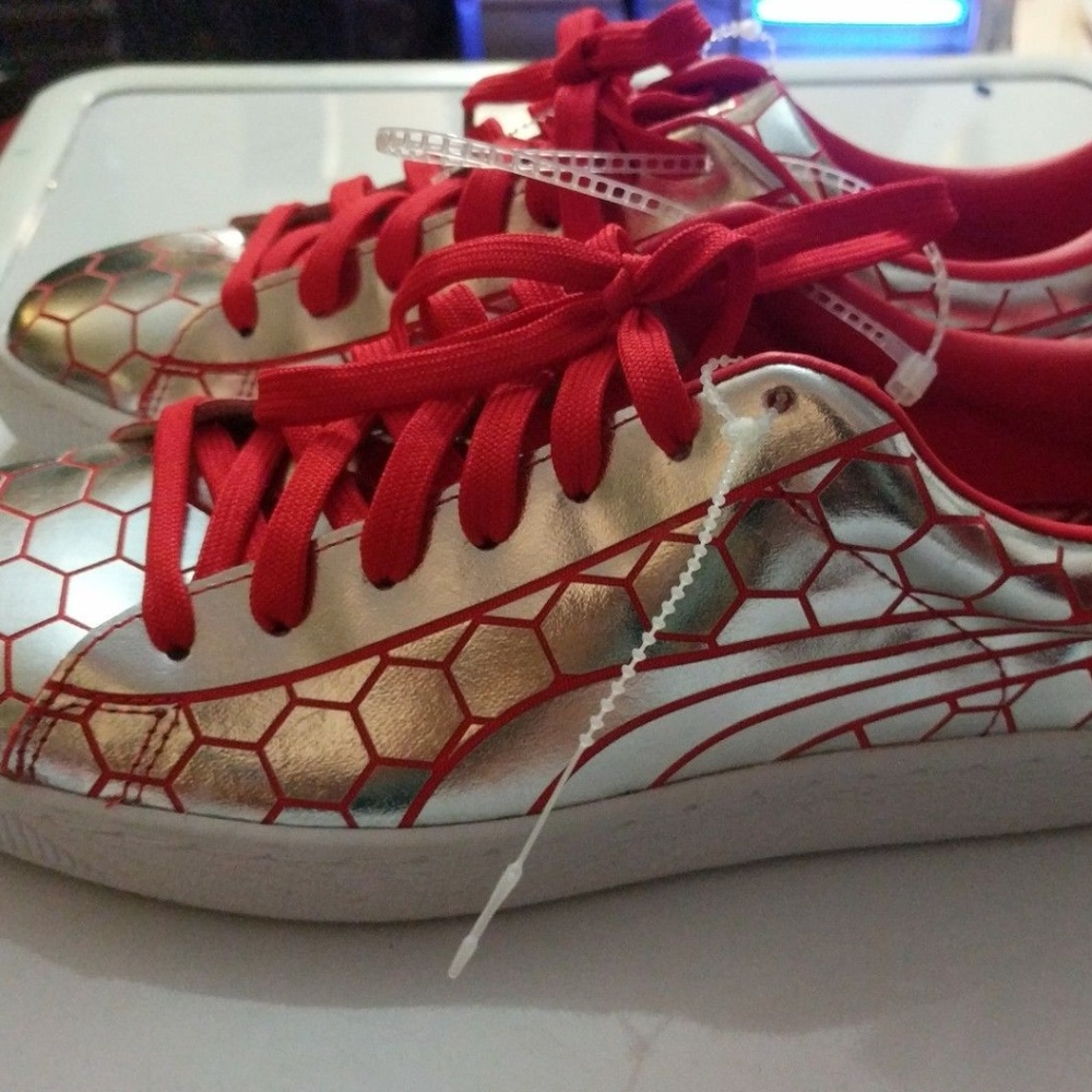 Puma Silver Red Metallic Basket Classic Sneakers
